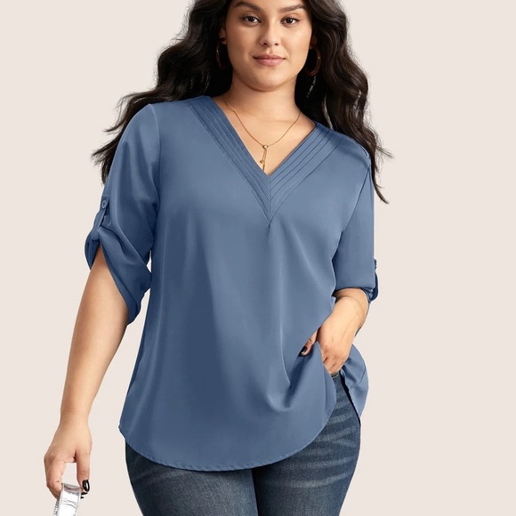 BloomChic Plus Size XL V Neck Plain Pleated Tab Sleeve Blouse us14-16 - Picture 1 of 5